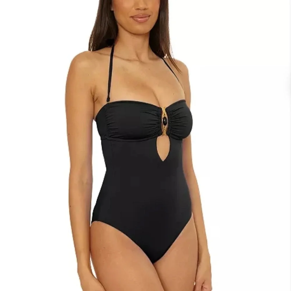 BECCA Rock Solid Gold Buckle Bandeau One Piece Swimsuit Black Medium NWOT
